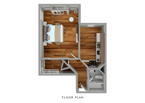 a stylized floor plan of a bedroom with a bathroom and a living room